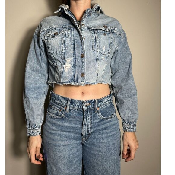 y2k American Eagle Denim Jacket with Gray Hood Size XS - Picture 1 of 8